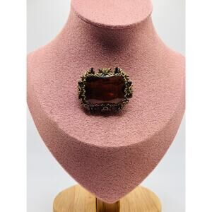 Vintage Statement Brooch – Large Amber Glass Stone with Ornate Brass Filigree